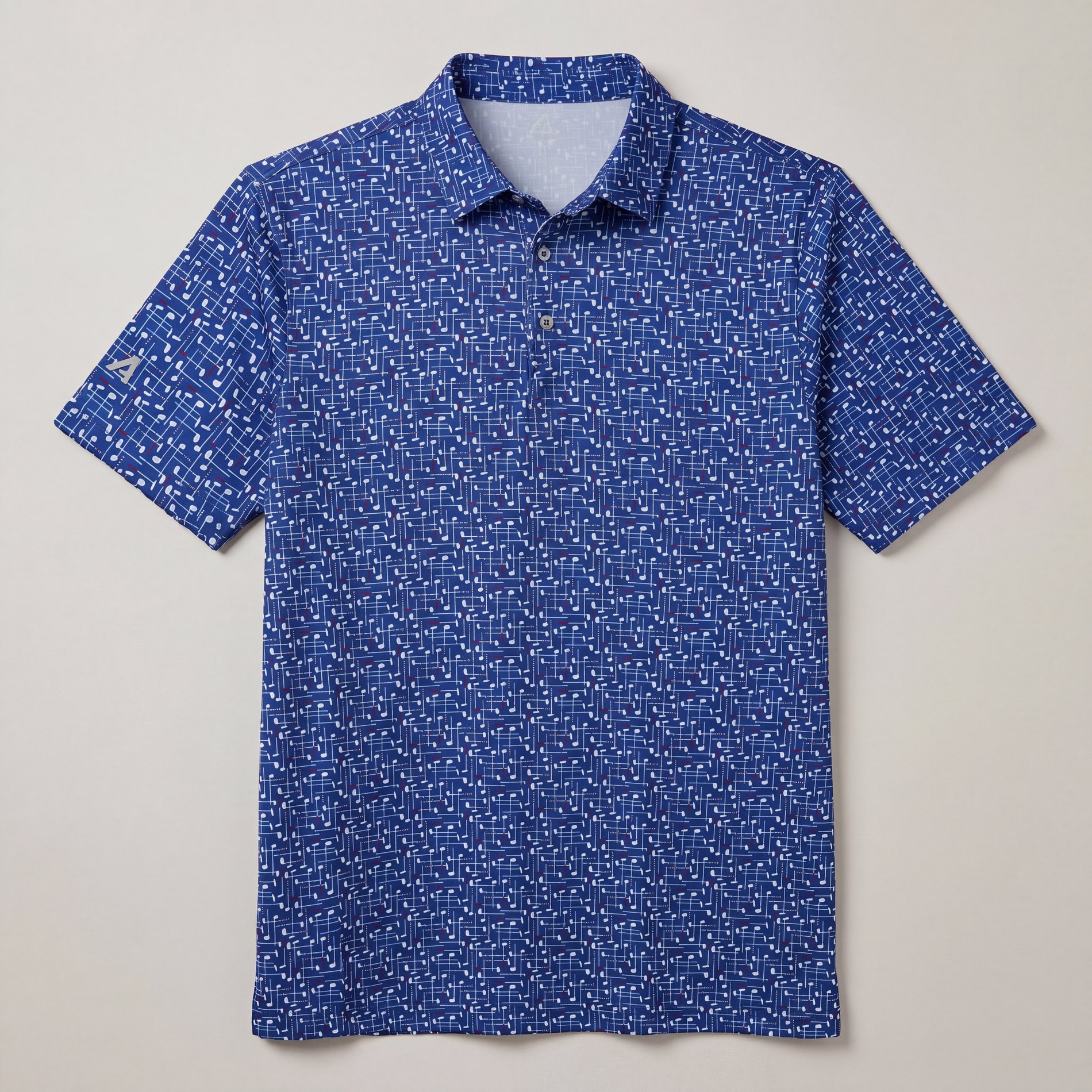 Generated product flat lay of the blue printed golf polo on a concrete background