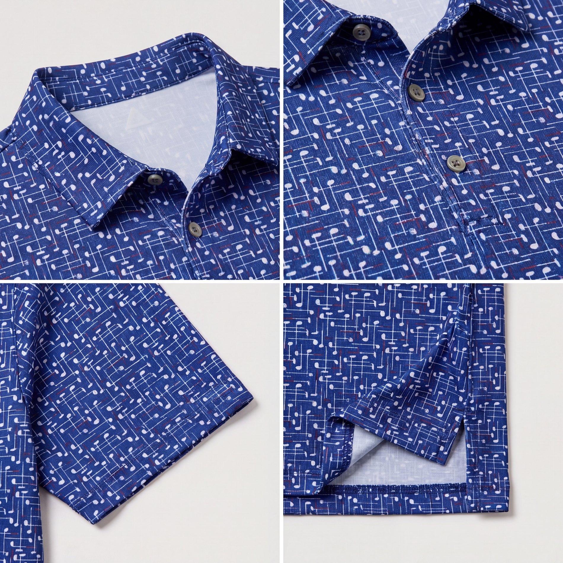 Generated four-panel grid of collar, placket, sleeve, and hem details on the blue printed polo