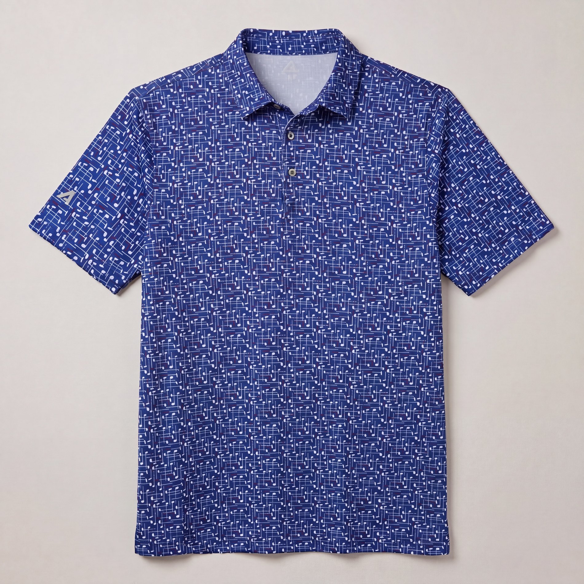Generated refined product flat lay of the blue printed golf polo