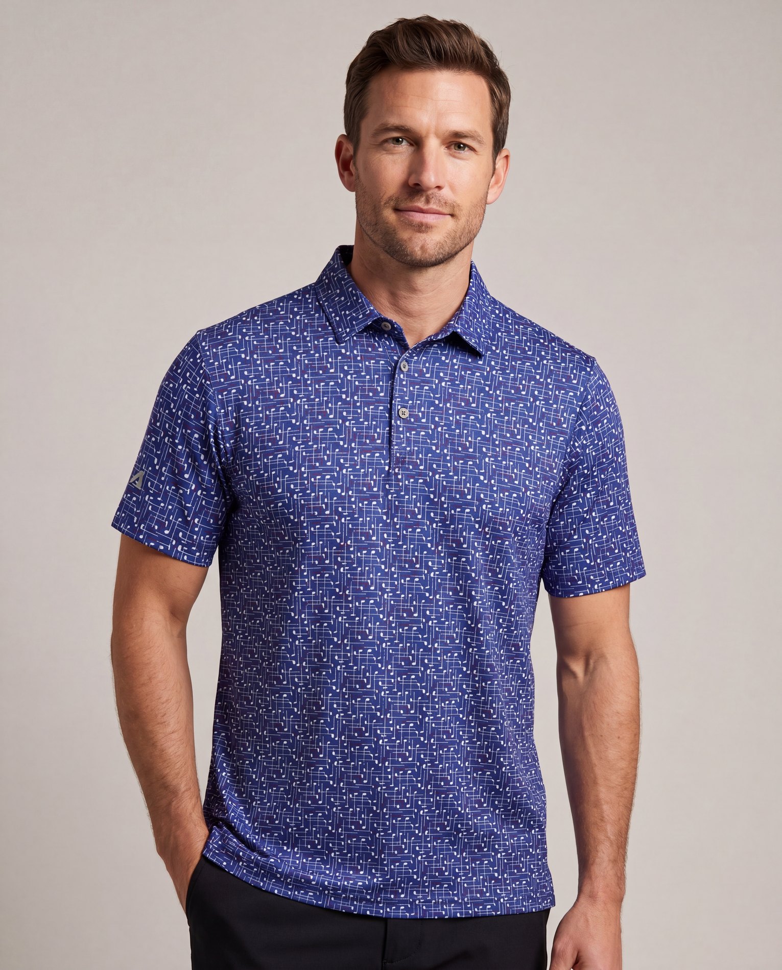 Generated studio model wearing the blue printed Antigua golf polo