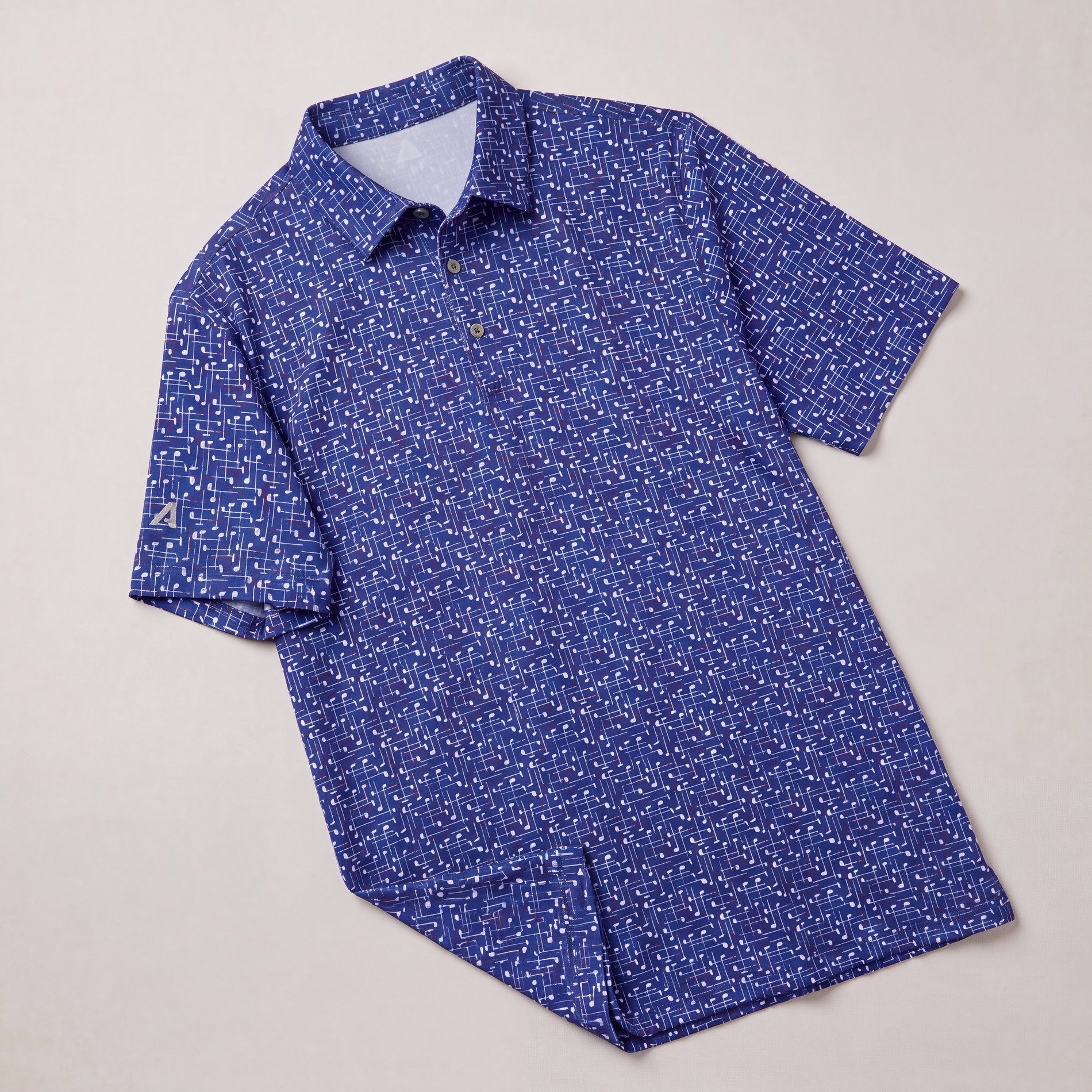 Generated angled close-up of the blue printed golf polo collar, sleeve, and pattern